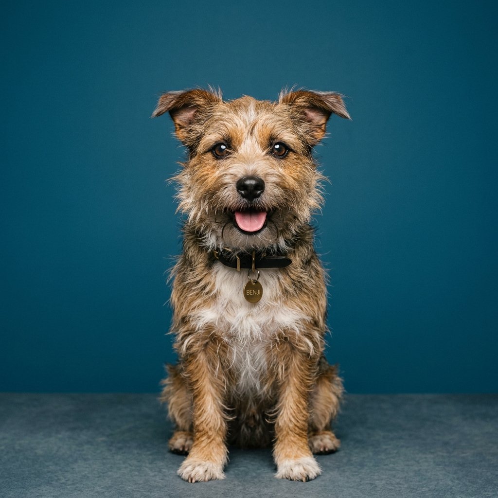 Small dog sitting against a deep blue background