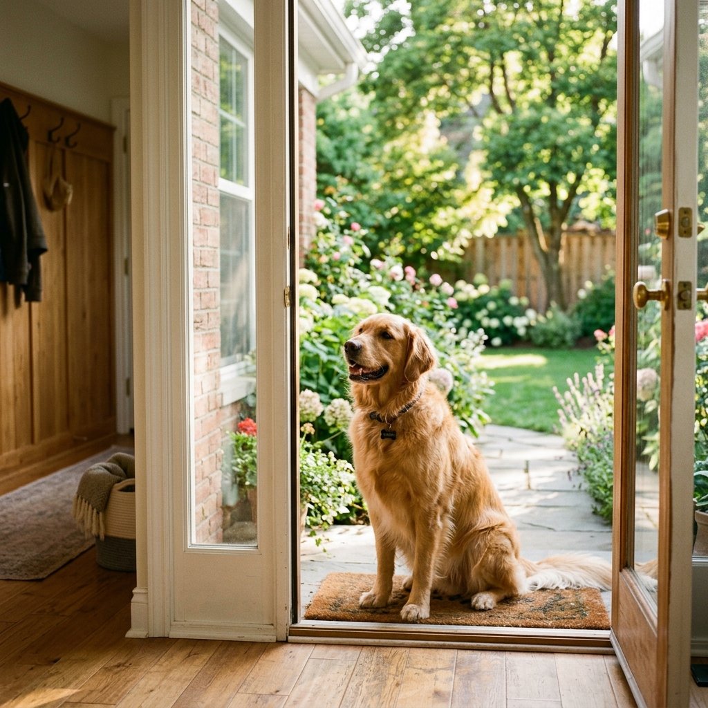Golden retriever sitting by a sunny doorway